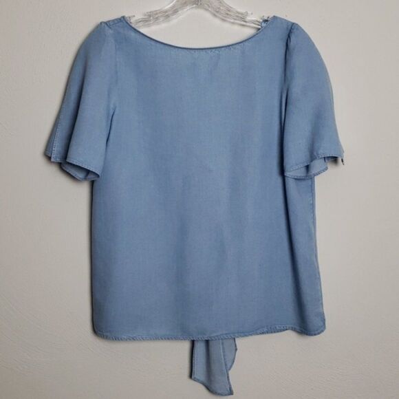 Chambray Massimo Dutti Tie-Back Bow Short Sleeve Blouse Top (NWT) - Picture 2 of 7